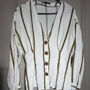 ZARA Linen Blend Striped Button Front Blouse | Oversized Fit | Size S